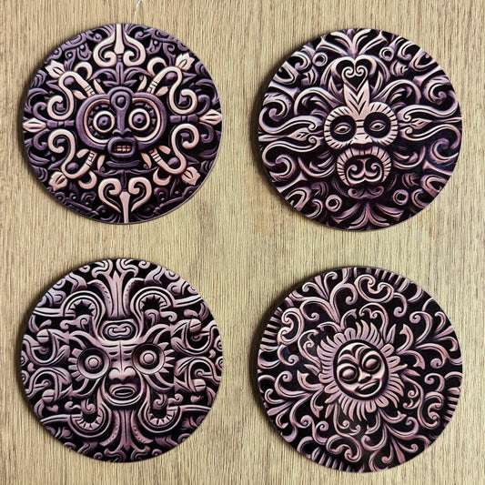 Aztec sculpture | Set of 4 ancient carved stone effect circular coasters