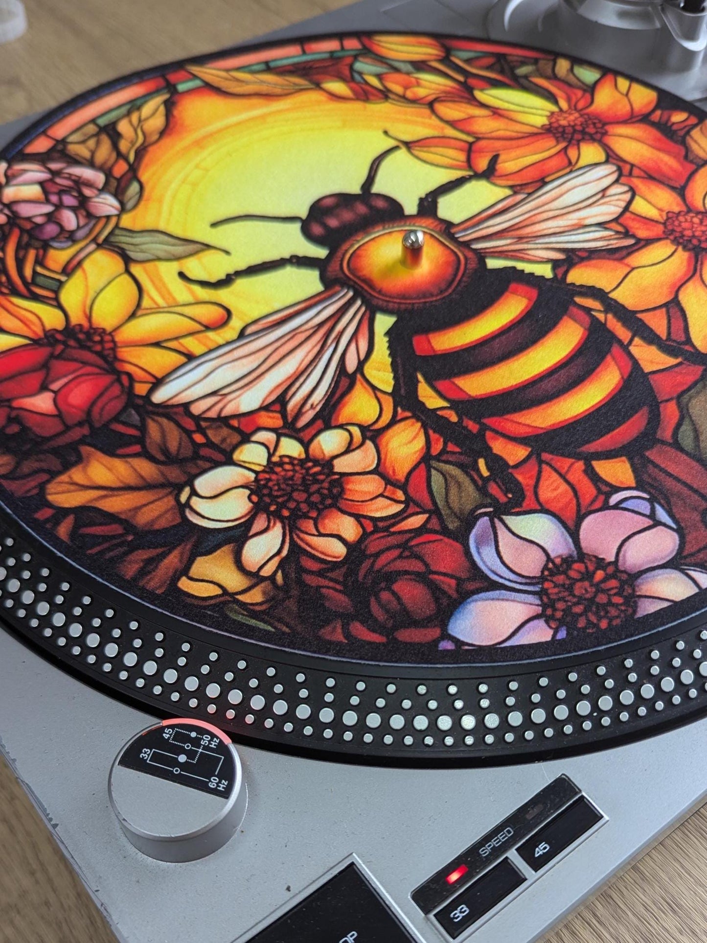 Stain Glass Worker Bee Slip mat - 7 & 12 inch LP Vinyl DJ Pro Turntable Slip Mat Record Player Technics 1210 DJ Turntablist