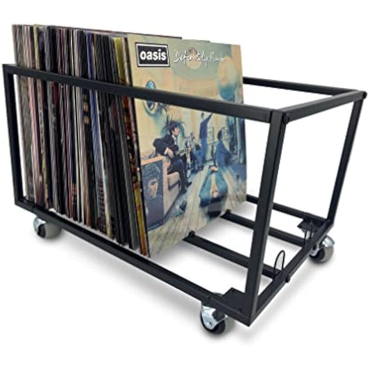 Vinyl Record Storage Holder With Wheels - Holds up to 100 LP - Album Holder Display Stand - Vinyl Record LP Storage organizer - Sturdy Metal Structure - Smooth Black