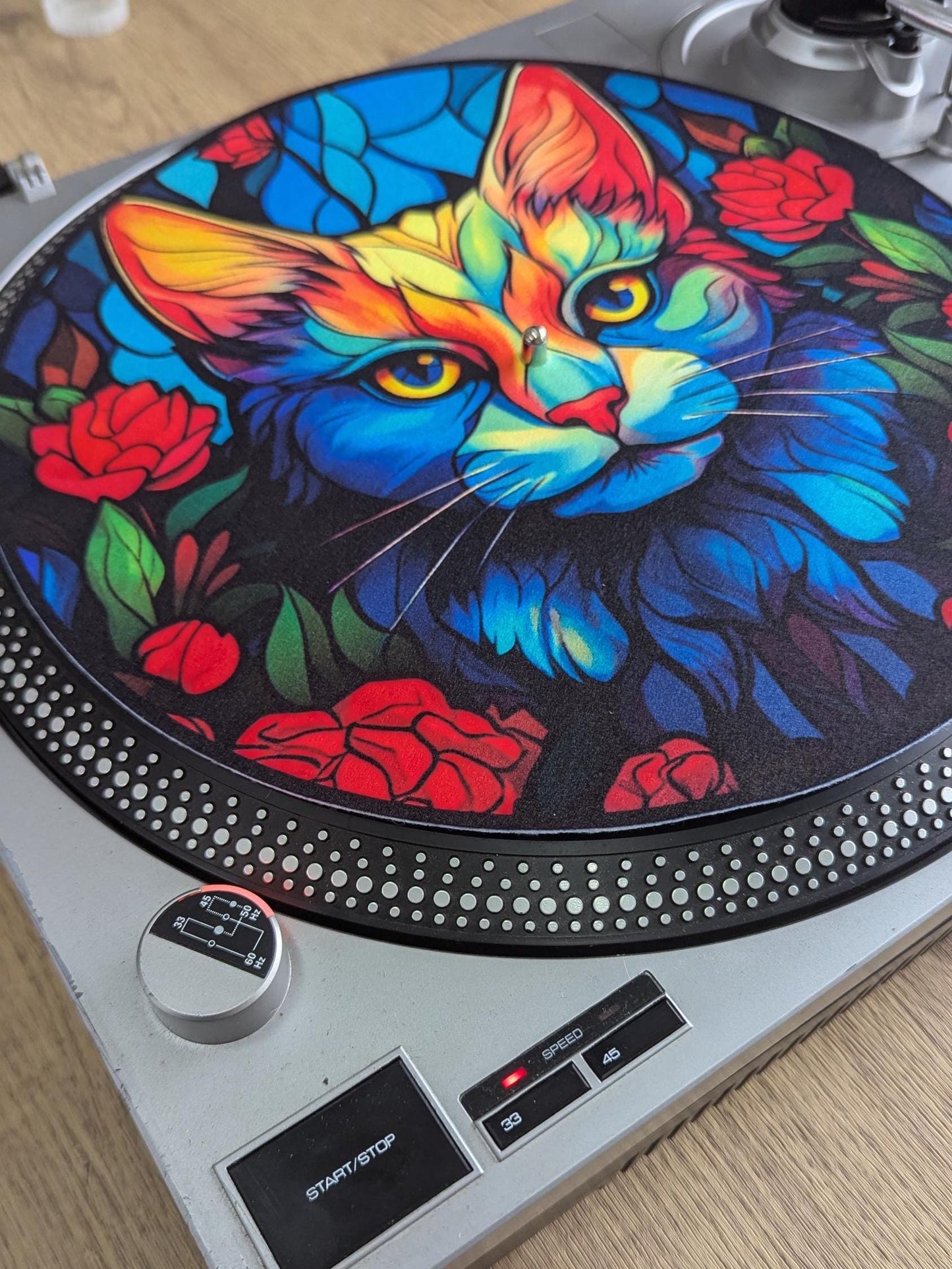 Stain Glass Feline Cat Slip mat - 7 & 12 inch LP Vinyl DJ Pro Turntable Slip Mat Record Player Technics 1210 DJ Turntablist