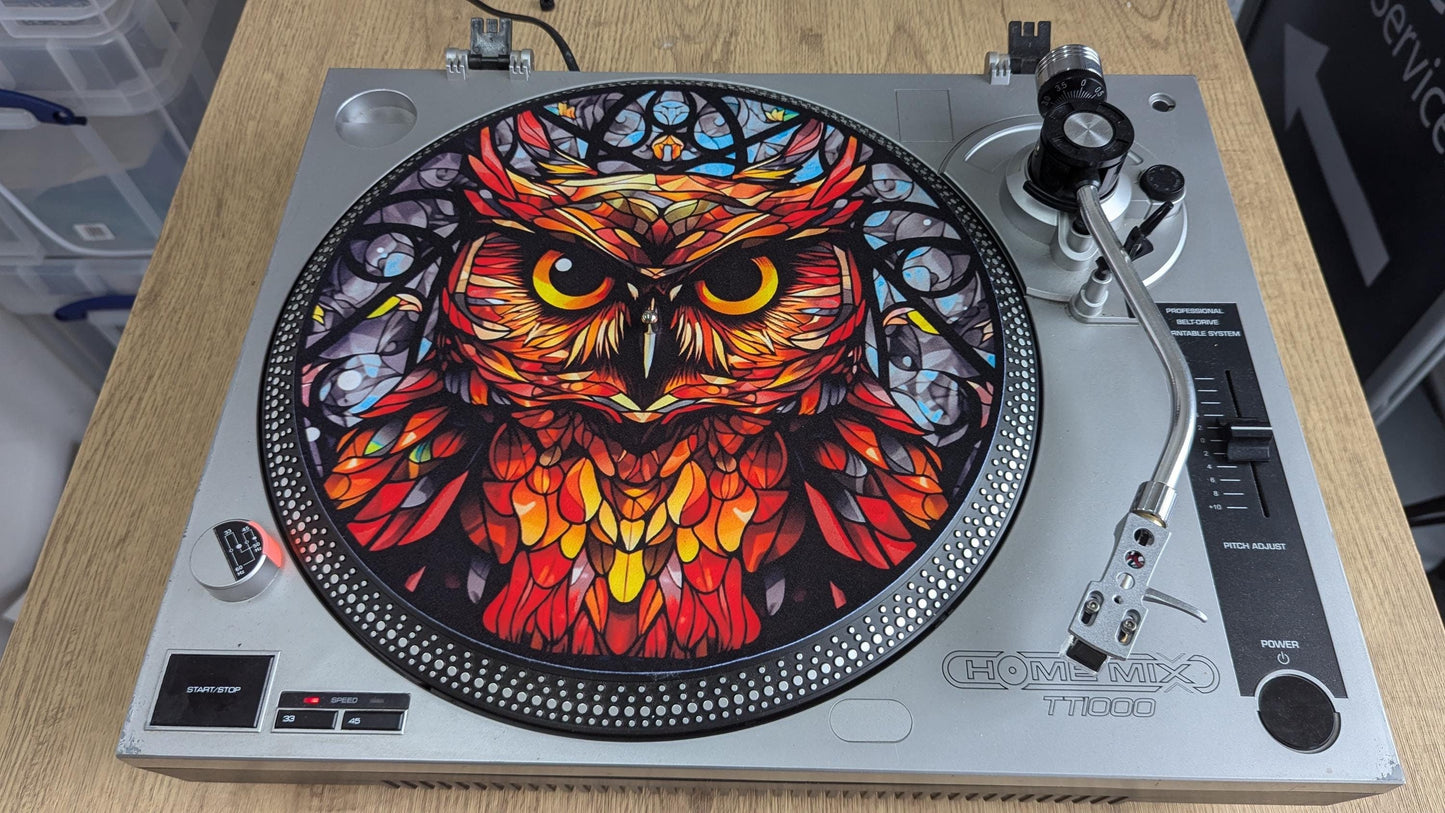 Stain Glass Wise Owl Slip mat - 7 & 12 inch LP Vinyl DJ Pro Turntable Slip Mat Record Player Technics 1210 DJ Turntablist