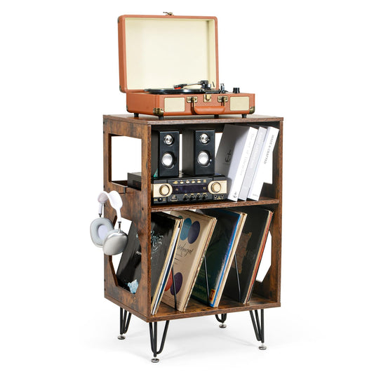 ikkle Rustic Record Player Stand, End Table with Record Storage, Vinyl Record Storage Cabinet Holder with Metal Legs, Turntable Stand Record Player