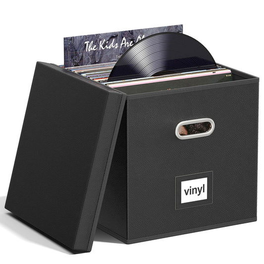 Aolawco Leather Vinyl Record Storage Box for 12 inch Records, Collapsible Records Crate, Folding LP Storage Boxes Holds up to 90 Records, Records