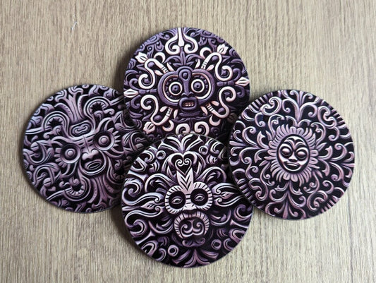Aztec sculpture | Set of 4  ancient carved stone effect circular coasters