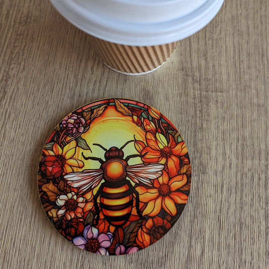 Worker Bee Stained Glass Effect Circular Drinks Coaster | Eco-Friendly Home Decor, Unique Gift, Handmade Artisan Craft