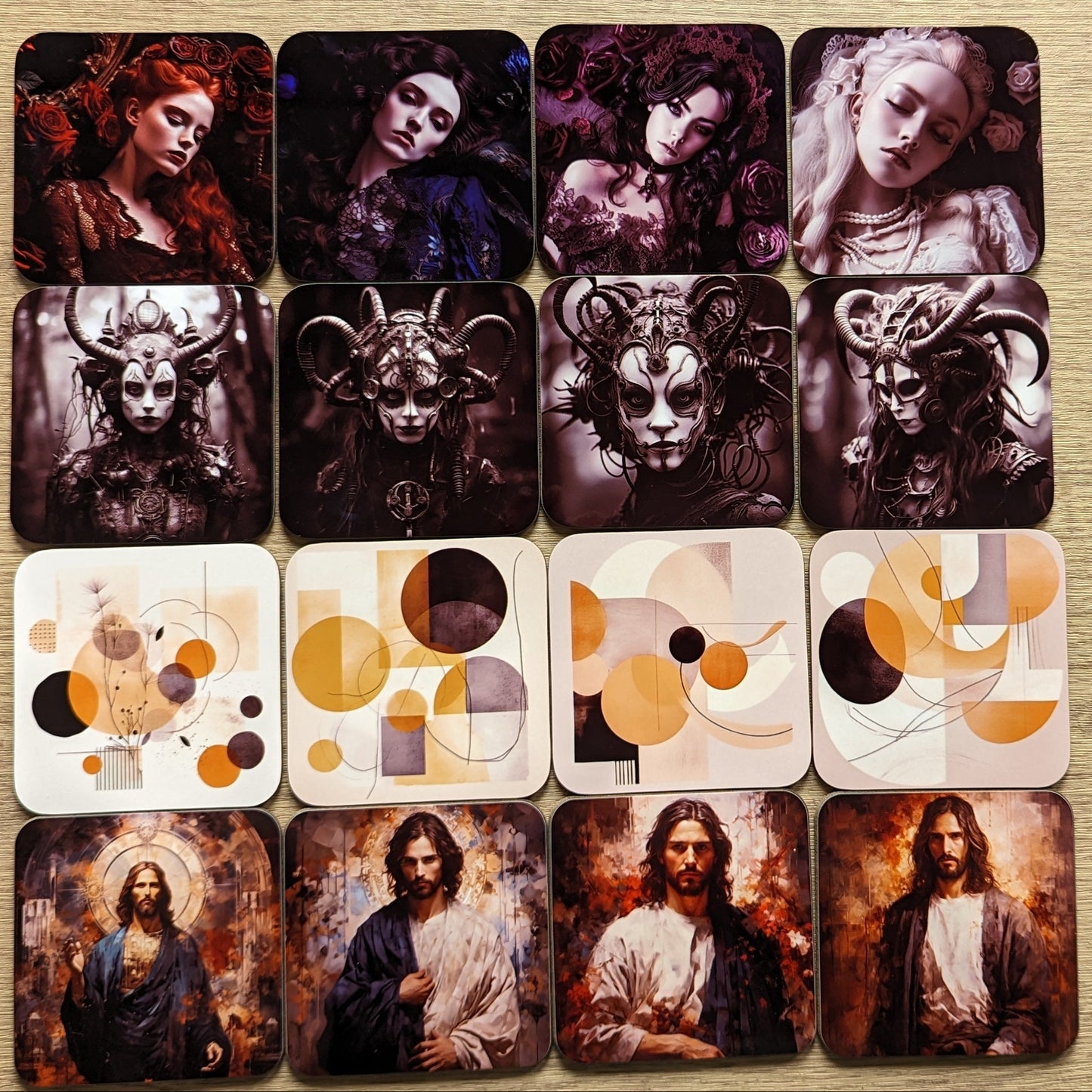 Collection of artistic cards on a wooden surface with a gray carpet background