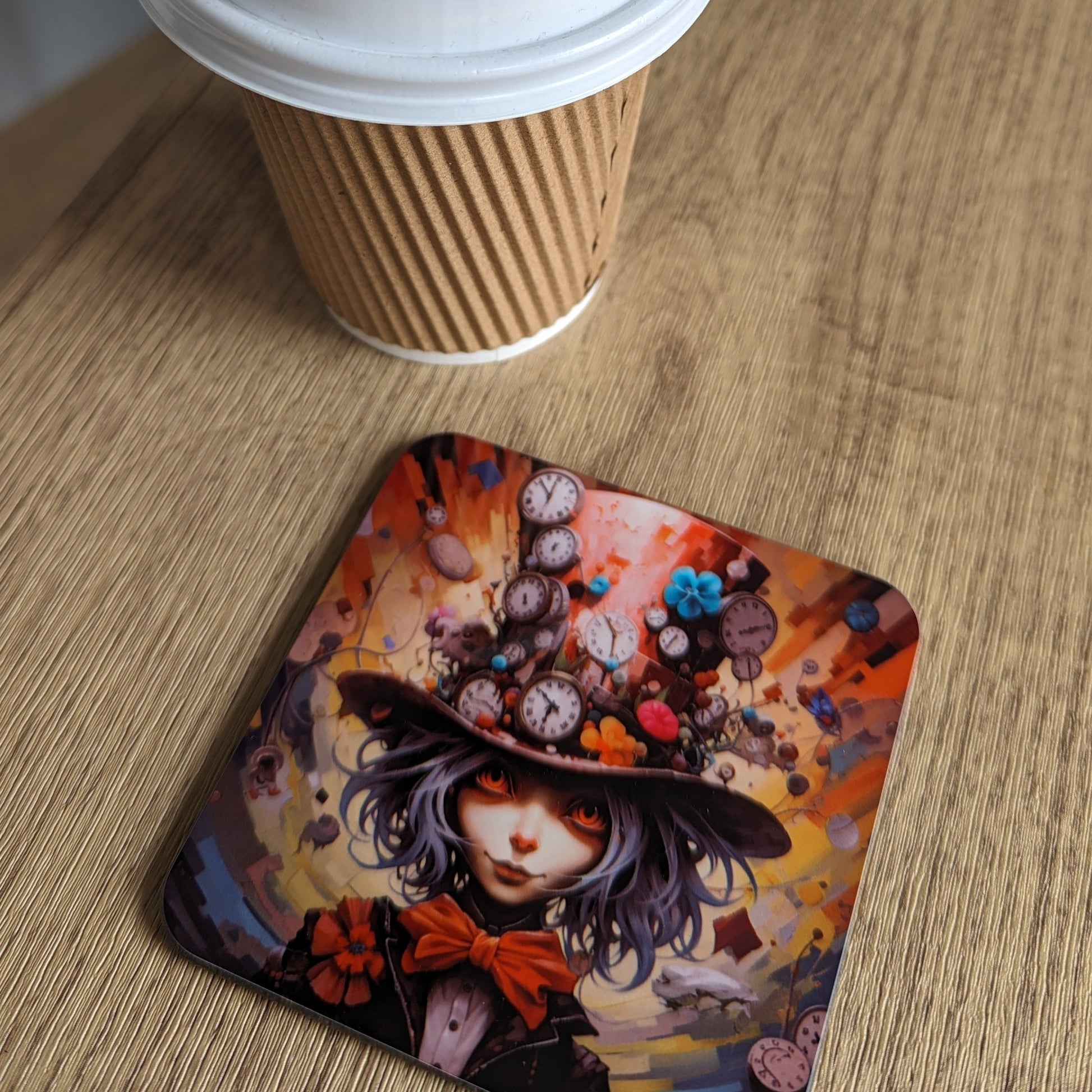 Coffee cup with a white lid on a wooden surface, featuring an artistic coaster with a mad hatter design.