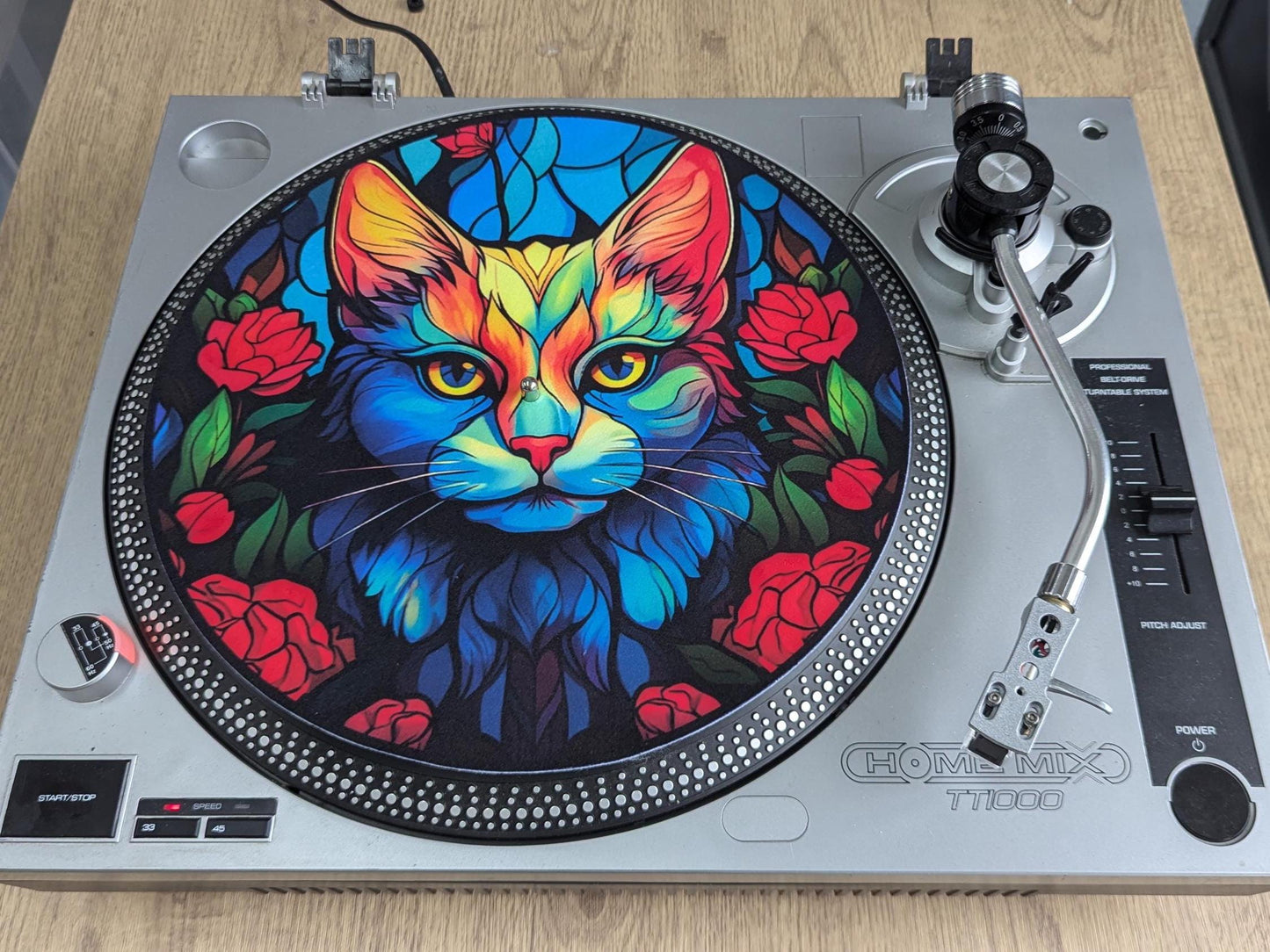 Stain Glass Feline Cat Slip mat - 7 & 12 inch LP Vinyl DJ Pro Turntable Slip Mat Record Player Technics 1210 DJ Turntablist