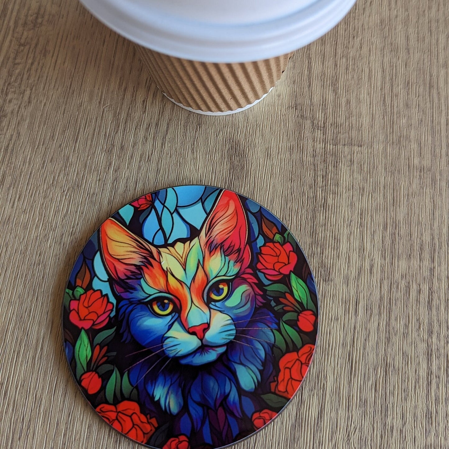 cat | feline stained glass effect circular drinks coaster