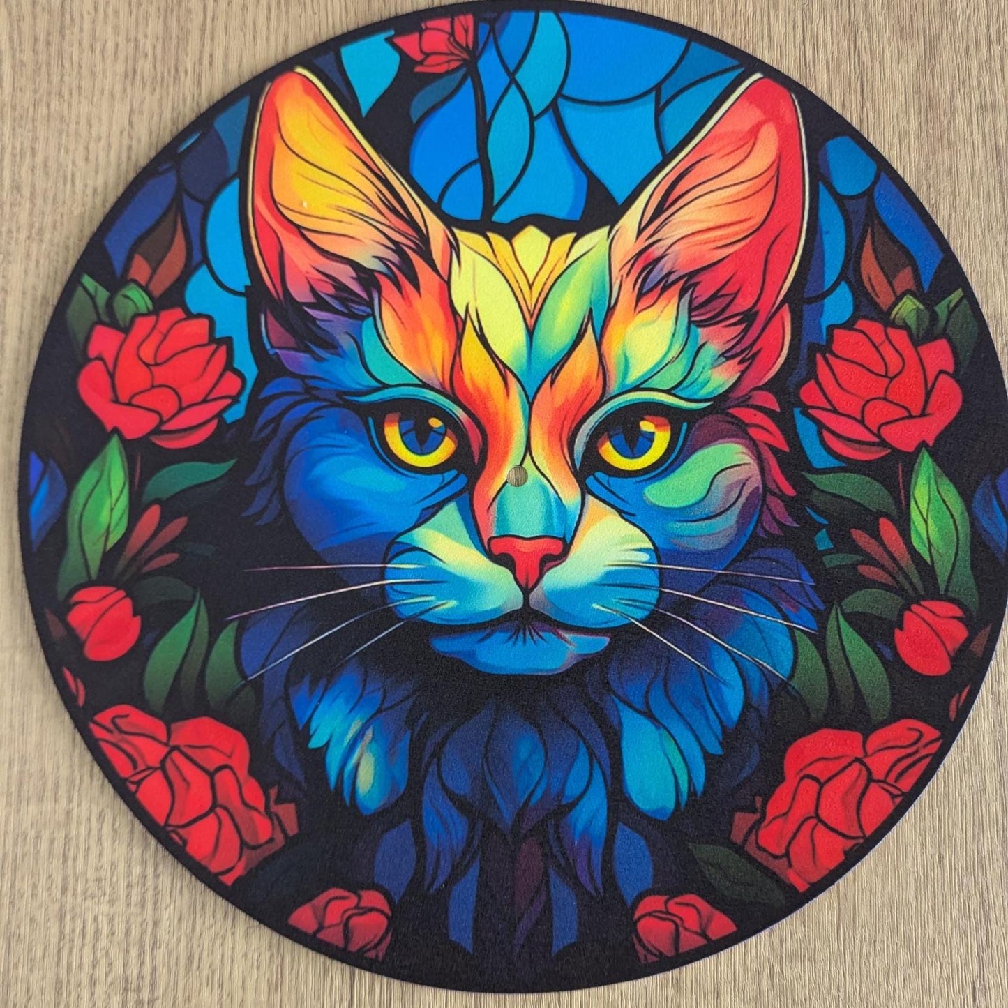 Stain Glass Feline Cat Slip mat - 7 & 12 inch LP Vinyl DJ Pro Turntable Slip Mat Record Player Technics 1210 DJ Turntablist