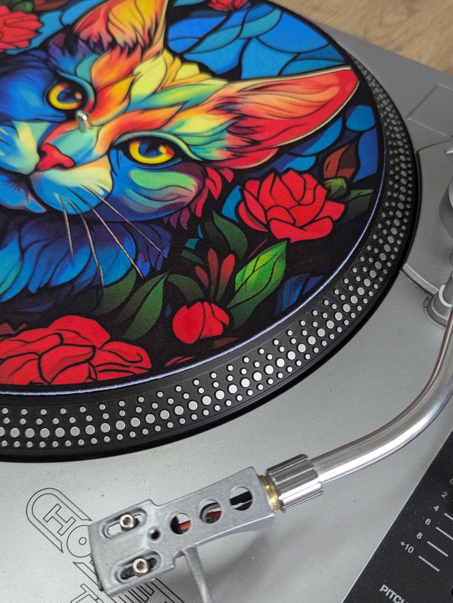 Stain Glass Feline Cat Slip mat - 7 & 12 inch LP Vinyl DJ Pro Turntable Slip Mat Record Player Technics 1210 DJ Turntablist
