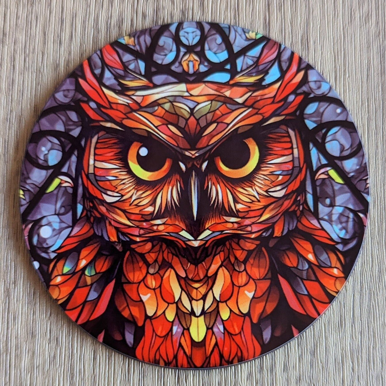 Wise Owl Coaster – Stained Glass Effect (Circular Design)