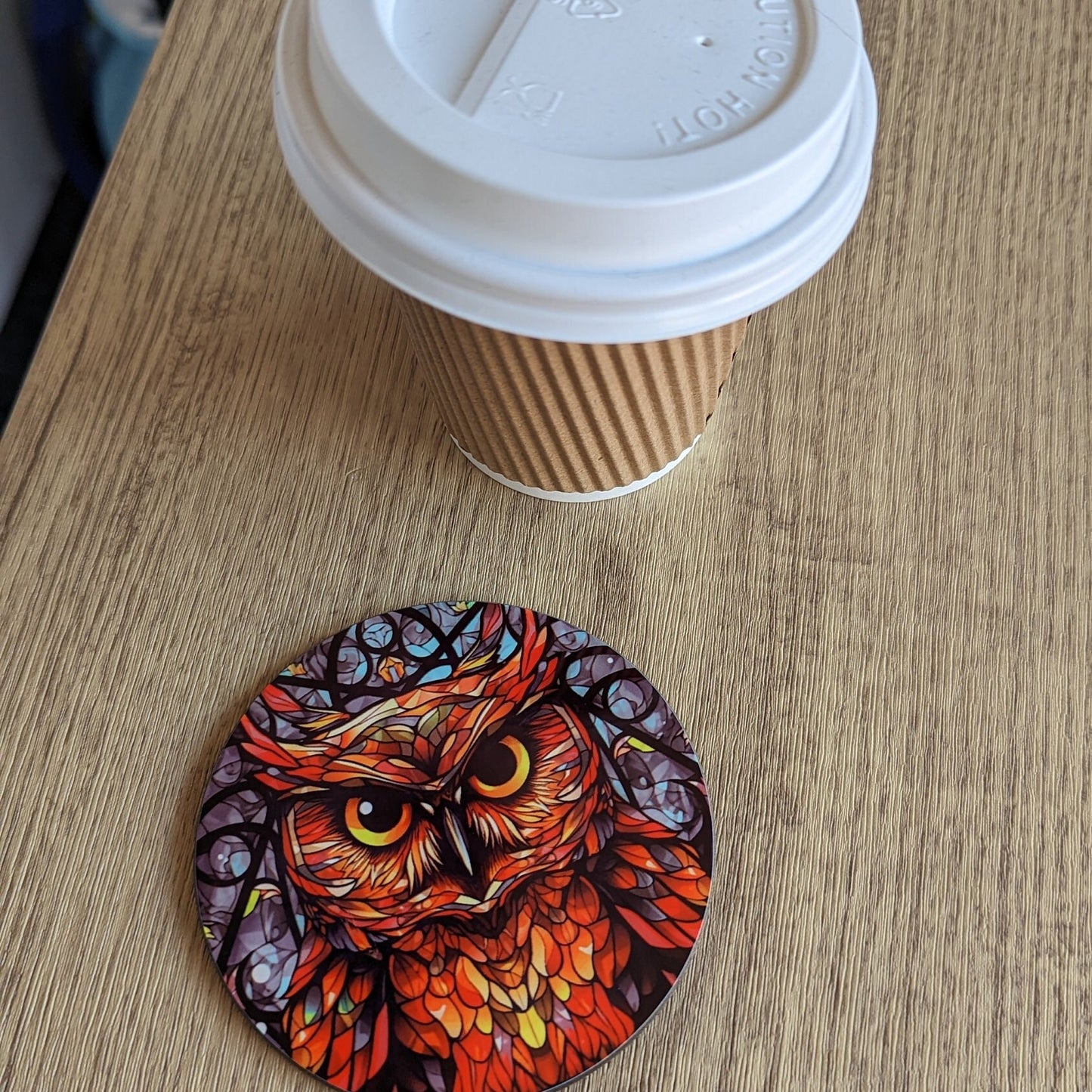 Wise Owl Coaster – Stained Glass Effect (Circular Design)