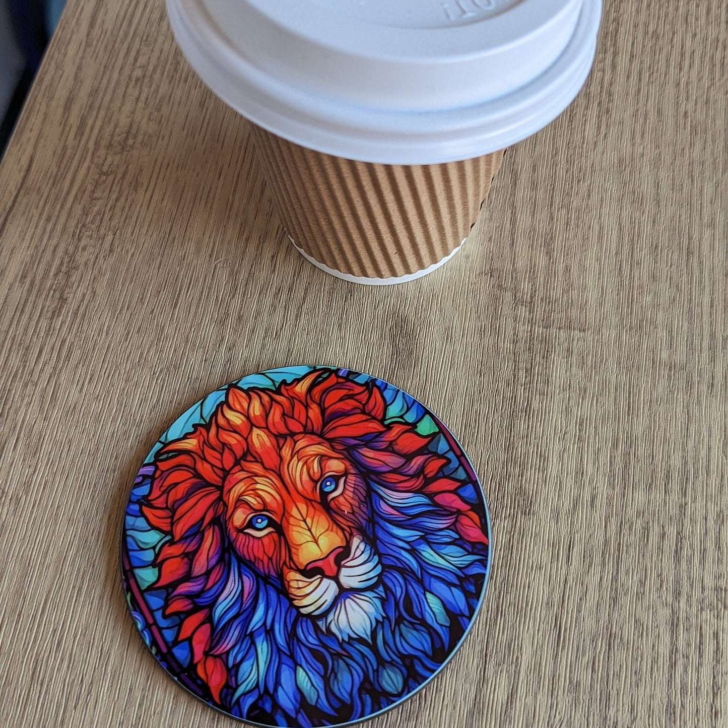 Lion | Leo stained glass effect circular drinks coaster