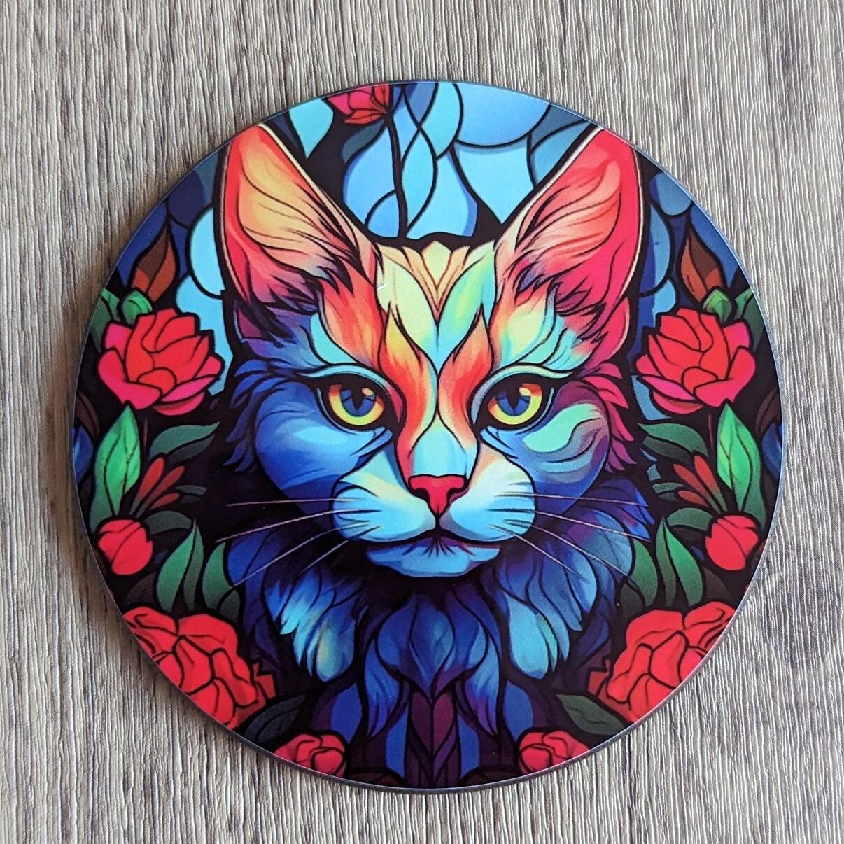 cat | feline stained glass effect circular drinks coaster